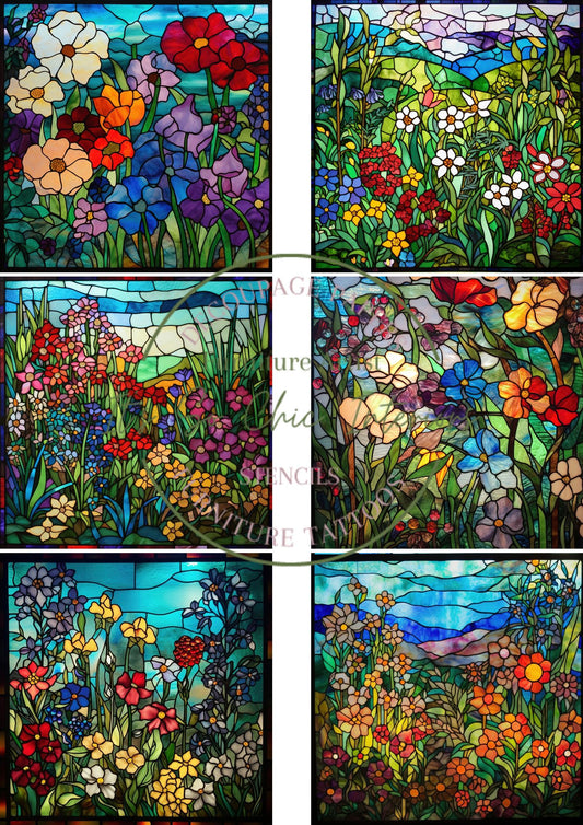 A4 Stained Glass Flower Garden Mulberry Decoupage Paper