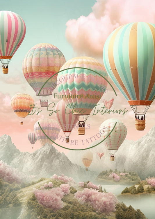 A4 Vintage Hot Air Balloons Mulberry Decoupage Paper