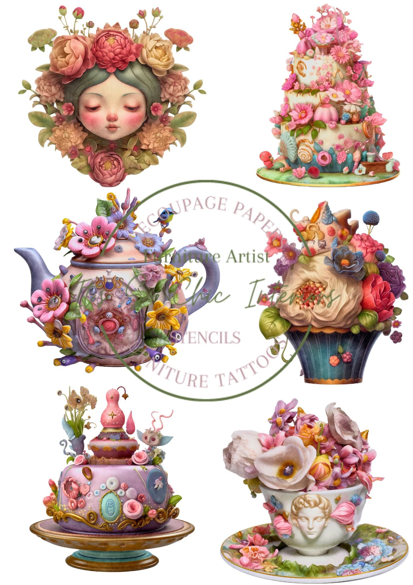 A4 Whimsical Tea party Mulberry Decoupage Paper (2 different sheets included in the pack)